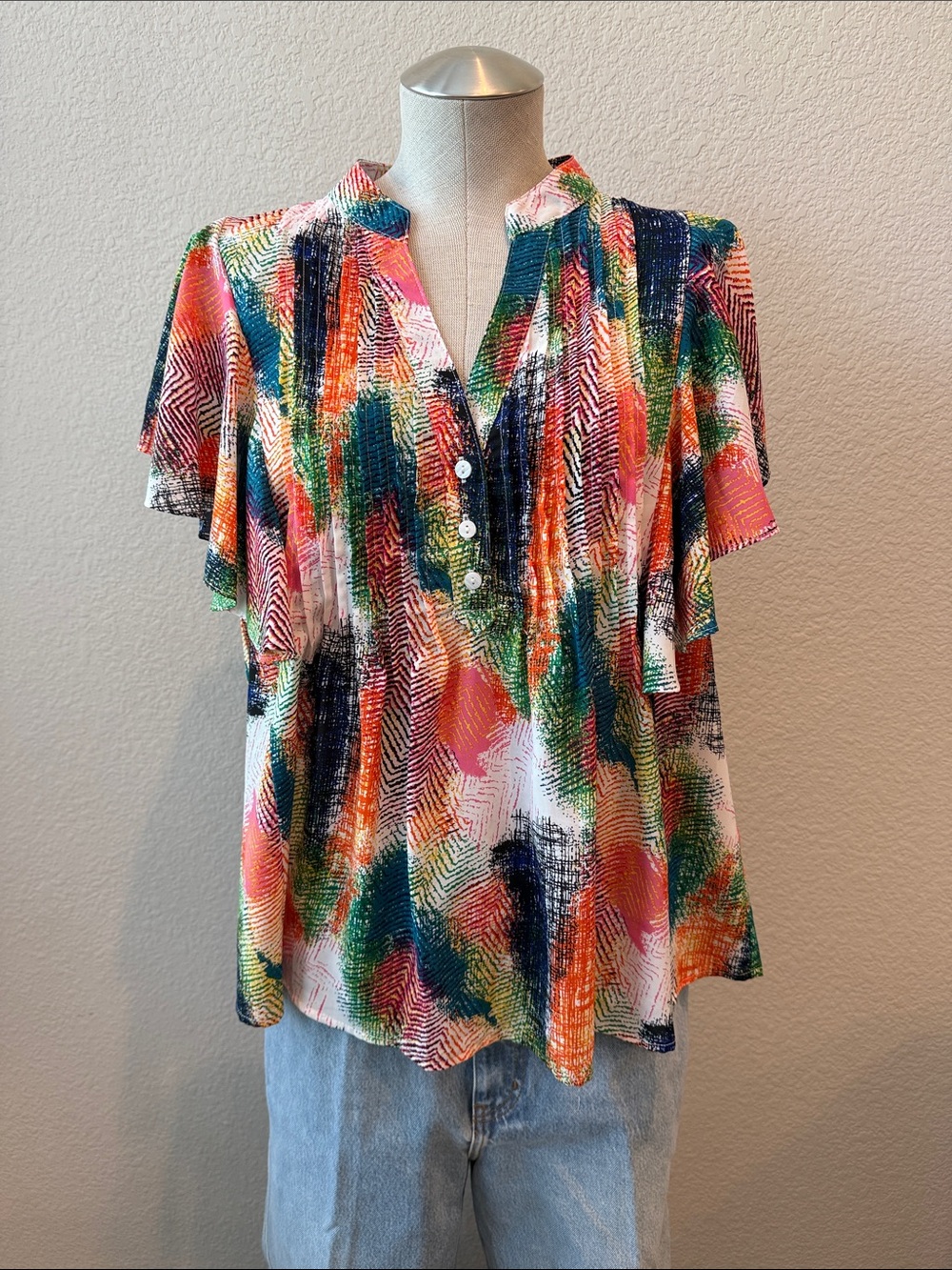 entro Multicolor Abstract Flutter Sleeve V-Neck Blouse